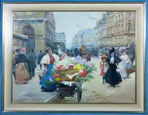 Juan Soler - Olieverf op doek, Straatscène met bloemenverkoopster in Parijs - Ingelijst verkauft für € 250!