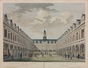 Pieter Fouquet - Handgekleurde gravure, Gezicht van de beurs te Amsterdam - Ingelijst kopen? Bied vanaf 50!