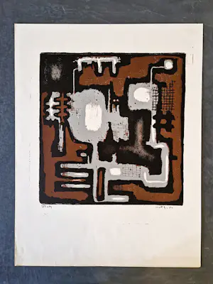 Wim Motz - Jaren 60 - geometrisch abstracte kleuren-lithografie "Platz" - gesigneerd kopen? Bied vanaf 39!
