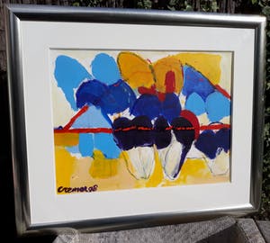 Jan Cremer - Tulpen in rode driehoek, acrylverf op papier (prachtig ingelijst, groot!) kopen? Bied vanaf 2500!