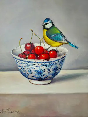 Alfonso Moreno - Stilleven met schaaltje kersen en pimpelmees kopen? Bied vanaf 179!