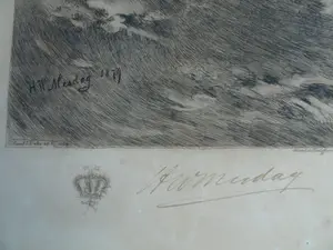 Hendrik Willem Mesdag - & C.L. Dake : Grote ingelijste ets , Vissersboten bij Scheveningen – 1879 kopen? Bied vanaf 1!