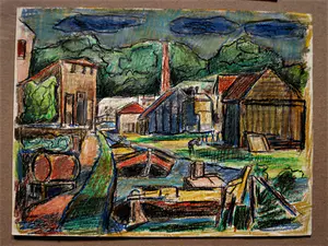 Hubert Bekman - "Nieuwe Haagse school" Pastel & Houtskool tekening "Dorp aan het water" kopen? Bied vanaf 1!