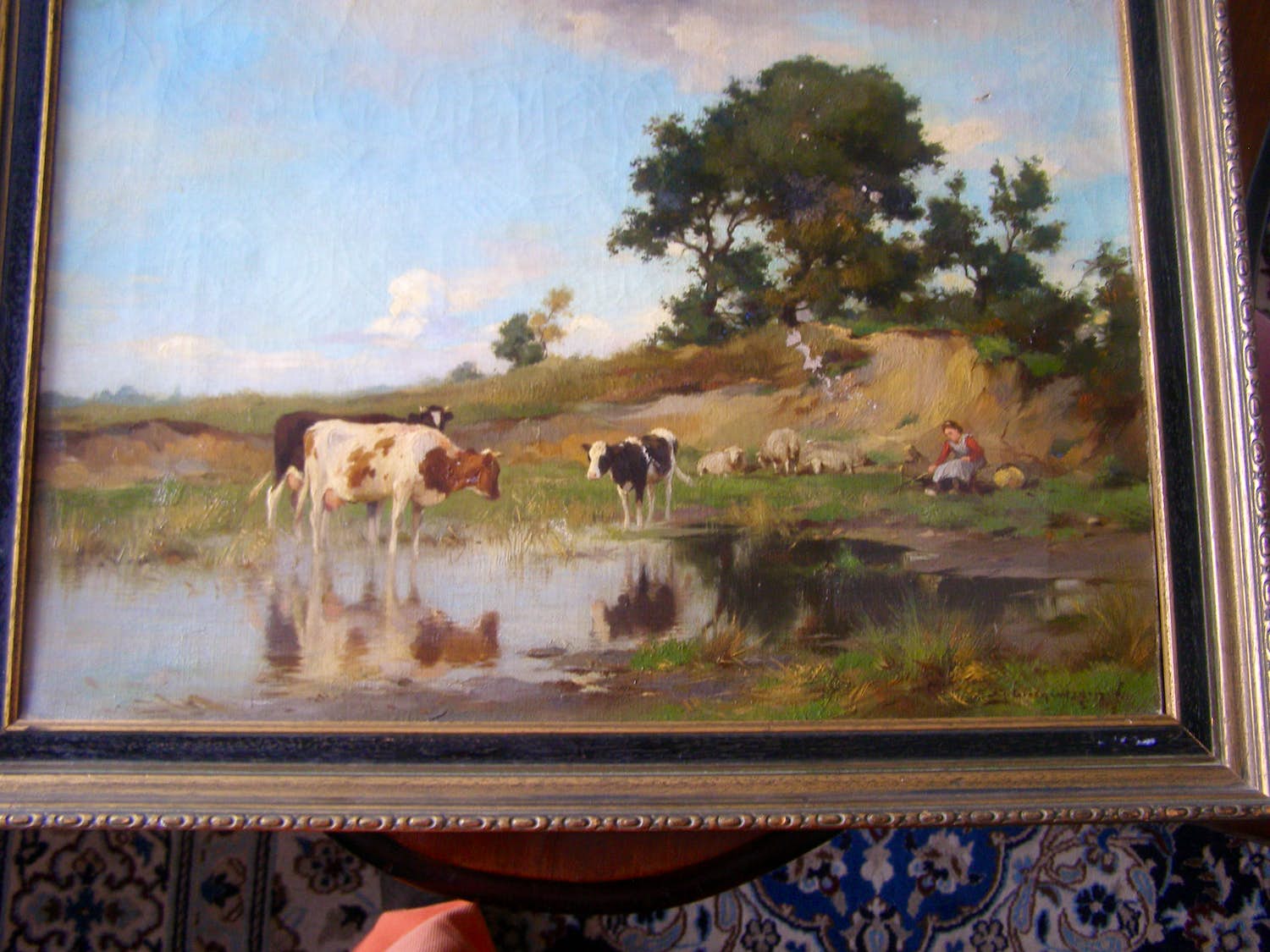 Adrianus Johannes Groenewegen - Koeien, kalf, schapen en boerin in landschap bij waterplasje verkocht voor € 250!