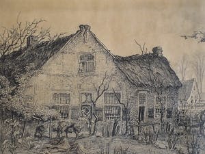 Toon de Jong - Fraaie droge naald Ets "Het oudste huis van Laren" gesigneerd - in antieke lijst kopen? Bied vanaf 10!