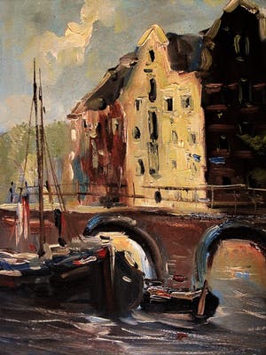 Jan Kelderman - Omstreeks 1950 geschilderd olieverf - Amsterdam boten in de de Brouwersgracht kopen? Bied vanaf 10!