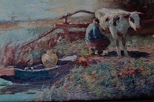 Piet Bouter - Boer melkt koeien aan 't water -Haagsche School - Leuk Tafereel -Antieke lijst kopen? Bied vanaf 299!