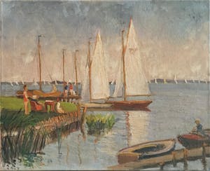 Claas Prins - C3879-6 - Zeilbootjes aan de steiger, vermoedelijk loosdrecht of muiderberg kopen? Bied vanaf 250!