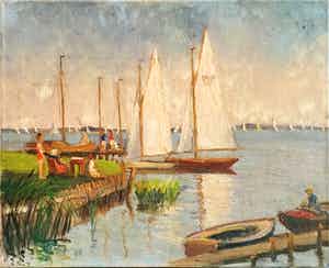 Claas Prins - C3879-6 - Zeilbootjes aan de steiger, vermoedelijk loosdrecht of muiderberg verkocht voor € 250!