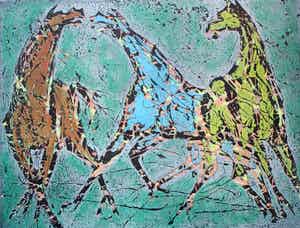 Jan Bezemer - Kleurenlitho: drie Paarden - 1970 verkocht voor € 75!