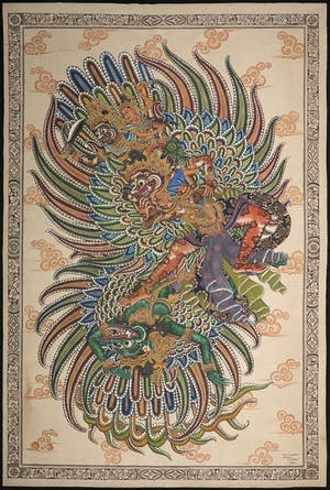 Niet of onleesbaar gesigneerd - Gemengde techniek op textiel, Balinese schildering kopen? Bied vanaf 1!