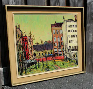 Kees Bastiaans - olieverf op paneel: stadsgezicht kopen? Bied vanaf 1000!