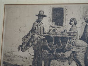 Louis Bron - Ets, Straatverkoper met ezel - gesigneerd & ingelijst – ca 1925 kopen? Bied vanaf 35!
