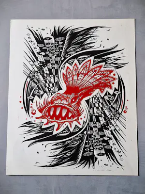 Hans van Dokkum - Grote polychrome Linosnede "signaal-rode zeeduivel" - zeer kleine oplage (8) kopen? Bied vanaf 36!