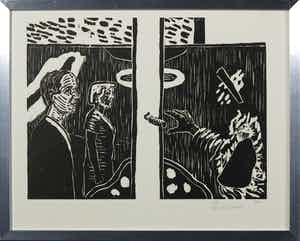 Roger Raveel - Houtsnede, Voor de poort - Ingelijst verkocht voor € 250!