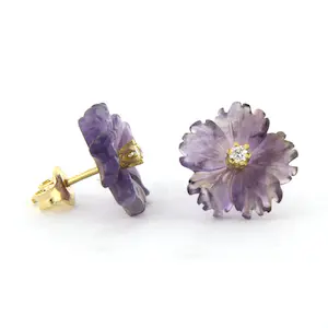 18k geel gouden oorknoppen met amethist en diamant 0.08 ct - F/G - VS/SI kopen? Bied vanaf 175!