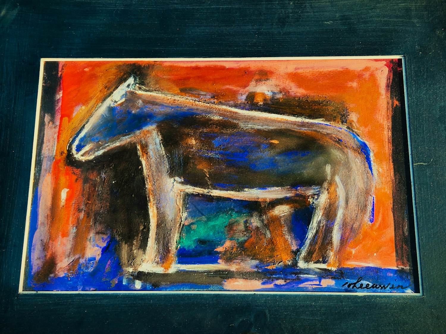 Wil van Leeuwen - Grote expressionistische gouache - "Paard" - fraai ingelijst - gesigneerd verkocht voor € 47!