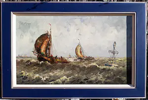 Willem Bos - Boten bij boei op woelige zee, olieverf op doek (mooi ingelijst, groot) kopen? Bied vanaf 1!