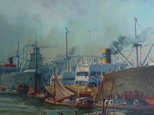 Niet of onleesbaar gesigneerd - Olieverf op doek , Havengezicht, Rotterdam? – ingelijst & gesigneerd kopen? Bied vanaf 1!