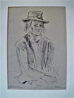 Poppe Damave - Haarlem openluchtspelen 1948 - potlood tekening "meisje met hoed" gesigneerd kopen? Bied vanaf 27!