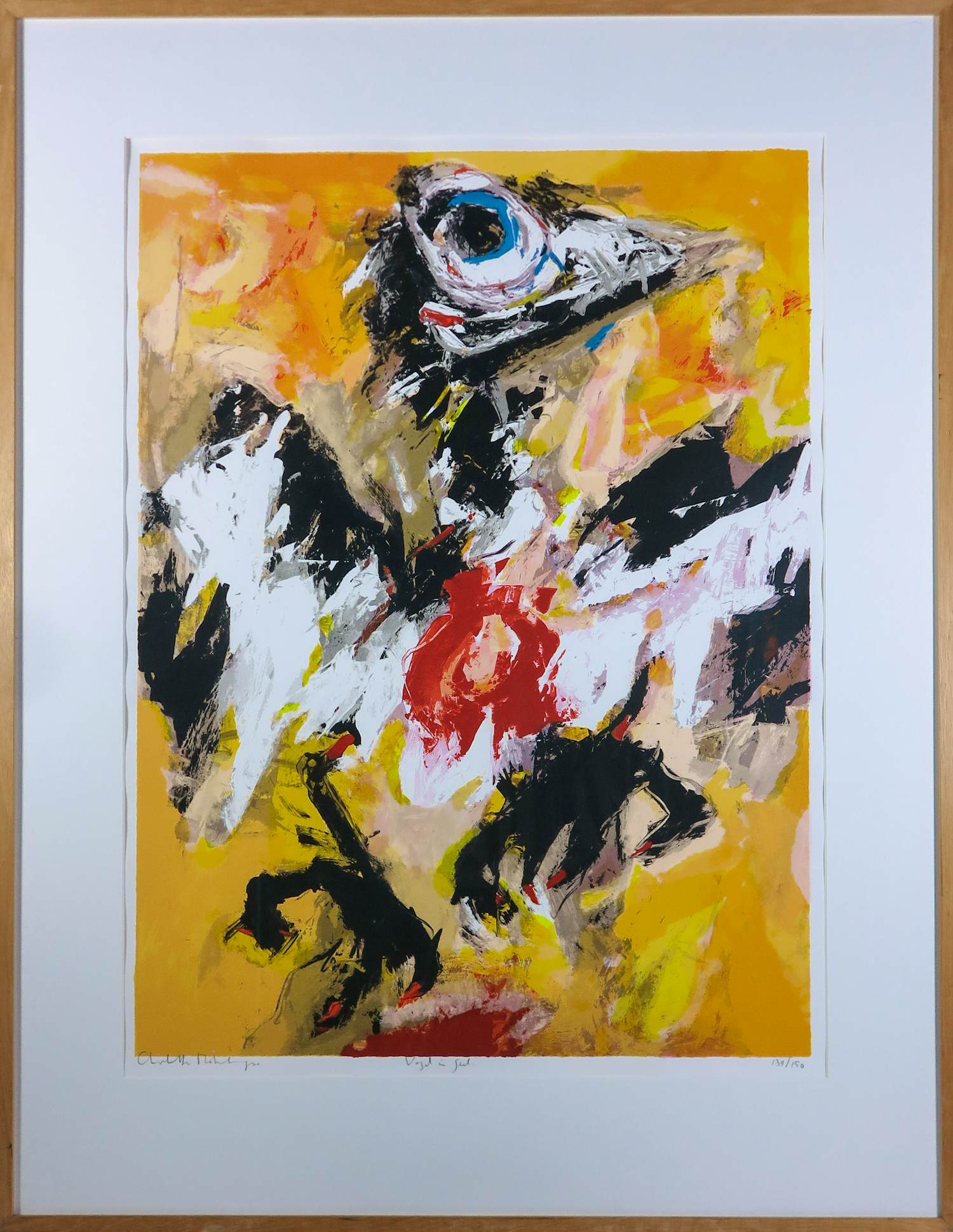 Charlotte Molenkamp - Zeefdruk op papier, Vogel in geel- Ingelijst (Groot) kopen? Bied vanaf 100!