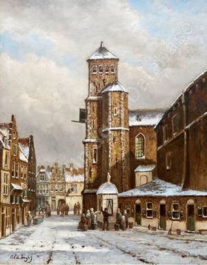Oene Romkes de Jongh - Winters stadsgezicht kopen? Bied vanaf 1500!
