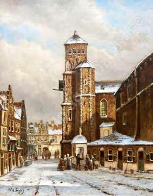 Oene Romkes de Jongh - Winters stadsgezicht verkocht voor € 1500!