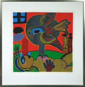 Corneille - Zeefdruk, L'oiseau Roi - Ingelijst verkocht voor € 250!