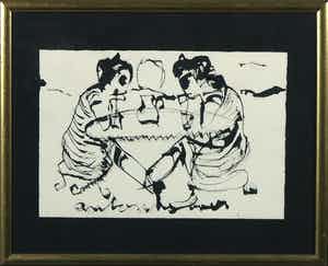 Anton Heyboer - Oostindische inkt, Twee figuren - Ingelijst verkocht voor € 180!