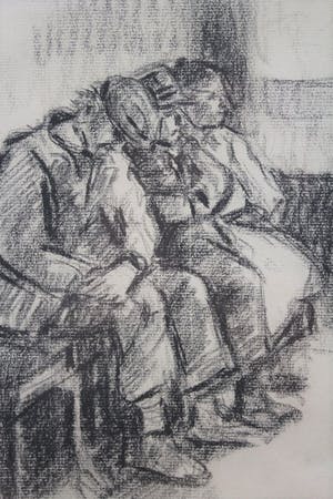 Cor Noltee - Houtskooltekening op papier - "Figuren in een wachtruimte" kopen? Bied vanaf 195!