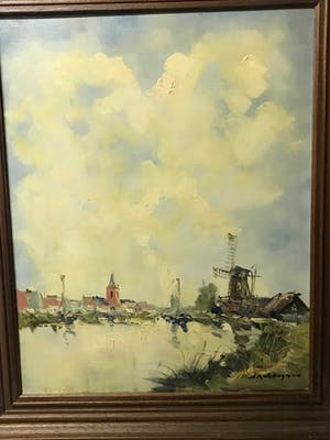 Jan Kelderman - Hollands Polder landschap met Molen en Dorpsgezicht met Kerkje kopen? Bied vanaf 50!