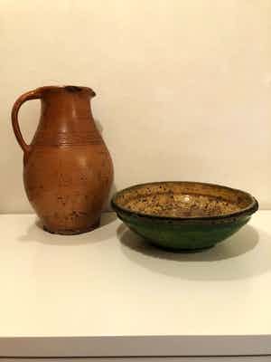 Prachtige antieke (water-) kan en zeldzame schaal, aardenwerk, 19e eeuws verkocht voor € 1!