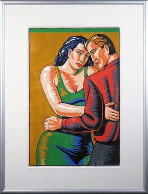 Leon Janssen - Houtsnede, Paar op oker (Tête-à-tête) - Ingelijst kopen? Bied vanaf 80!