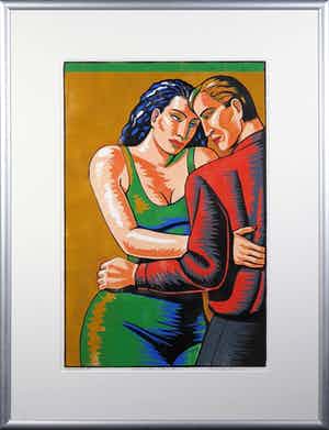 Leon Janssen - Houtsnede, Paar op oker (Tête-à-tête) - Ingelijst verkocht voor € 80!