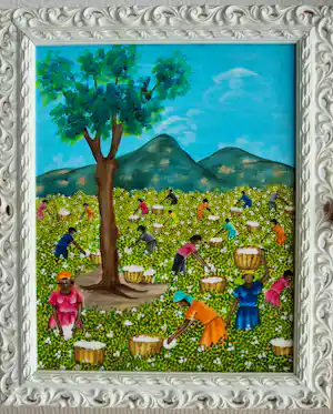 Rodrigue Richard - Baumwollpflücker. Gemälde um 1980. Naive Kunst Haiti Karibik verkauft für € 190!