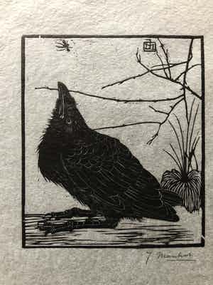 Jan Mankes - Houtsnede kleine kraai kijkend naar mugje - Gesigneerd - 1918 verkocht voor € 395!