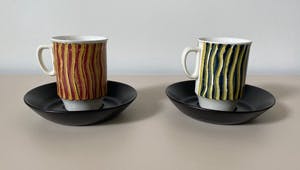 Floris Meydam - Twee hand beschilderde platelen kop - en schotels - Kunstaardewerkfabriek Regina kopen? Bied vanaf 1!