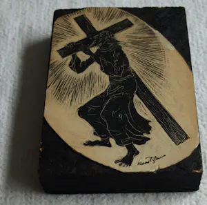 Klaas Pijlman - Linosnede en inkt , Christus met kruis kopen? Bied vanaf 20!