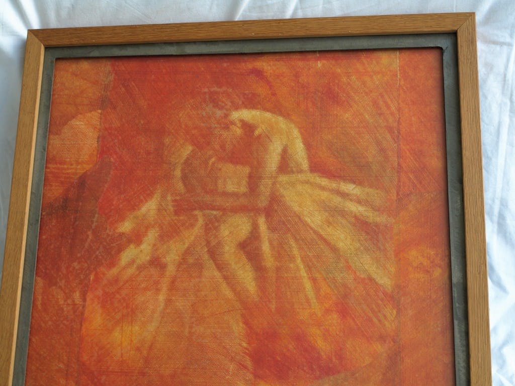 Niet of onleesbaar gesigneerd - Onbekende techniek , Vrouw in oranje, Ballet ?– 54 x 54 cm  kopen? Bied vanaf 50!