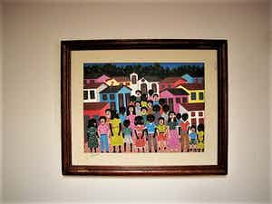 Niet of onleesbaar gesigneerd - Brazilie Rio naief acryl/doek "Kinderen op Plein" gesigneerd verkocht voor € 1!