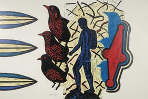 Hans Wap - Linosnede en pastelkrijt op papier, Birdman - Ingelijst kopen? Bied vanaf 100!