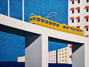 Marinus Fuit - Grote, in 2000 in kleine oplage (50) gemaakte kleuren zeefdruk "tram op brug" kaufen? Bieten Sie von 65!