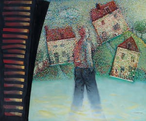 Chris van Geest - Collage/olieverf op doek (op paneel), Eerste vakantiedag - Ingelijst (Zeer groot) kopen? Bied vanaf 150!