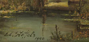 Ed. Stoffels - Olieverf op doek, Boerin op hoeve met bloesembomen kopen? Bied vanaf 150!