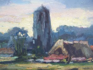 Ricky Damen-Vereijken - Landschap met toren. kopen? Bied vanaf 50!