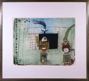 Michel van Overbeeke - Kleurenets met bladgoud, Out of bed - Ingelijst verkocht voor € 35!