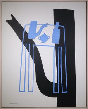 Klaas Gubbels - Acryl op doek, Stilleven met tafel, kan en fles - Ingelijst (Zeer groot!!) kopen? Bied vanaf 6000!