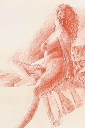 Evert Thielen - Rood krijttekening - Naakt - "Poserende naakte vrouw op bed" kopen? Bied vanaf 225!