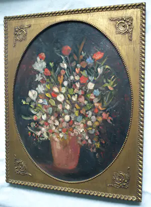Niet of onleesbaar gesigneerd - Ovaal ingelijst , Olieverf op doek , Bloemstilleven – ca. 1950 kopen? Bied vanaf 1!