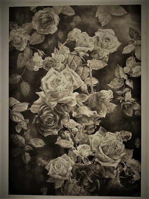 Aart van Dobbenburgh - Groot 1950 realistisch Litho "Witte Rozen in de Nacht" met opdracht verkocht voor € 1!